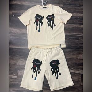 Cream and Black Short Set with Fire Eyes Design